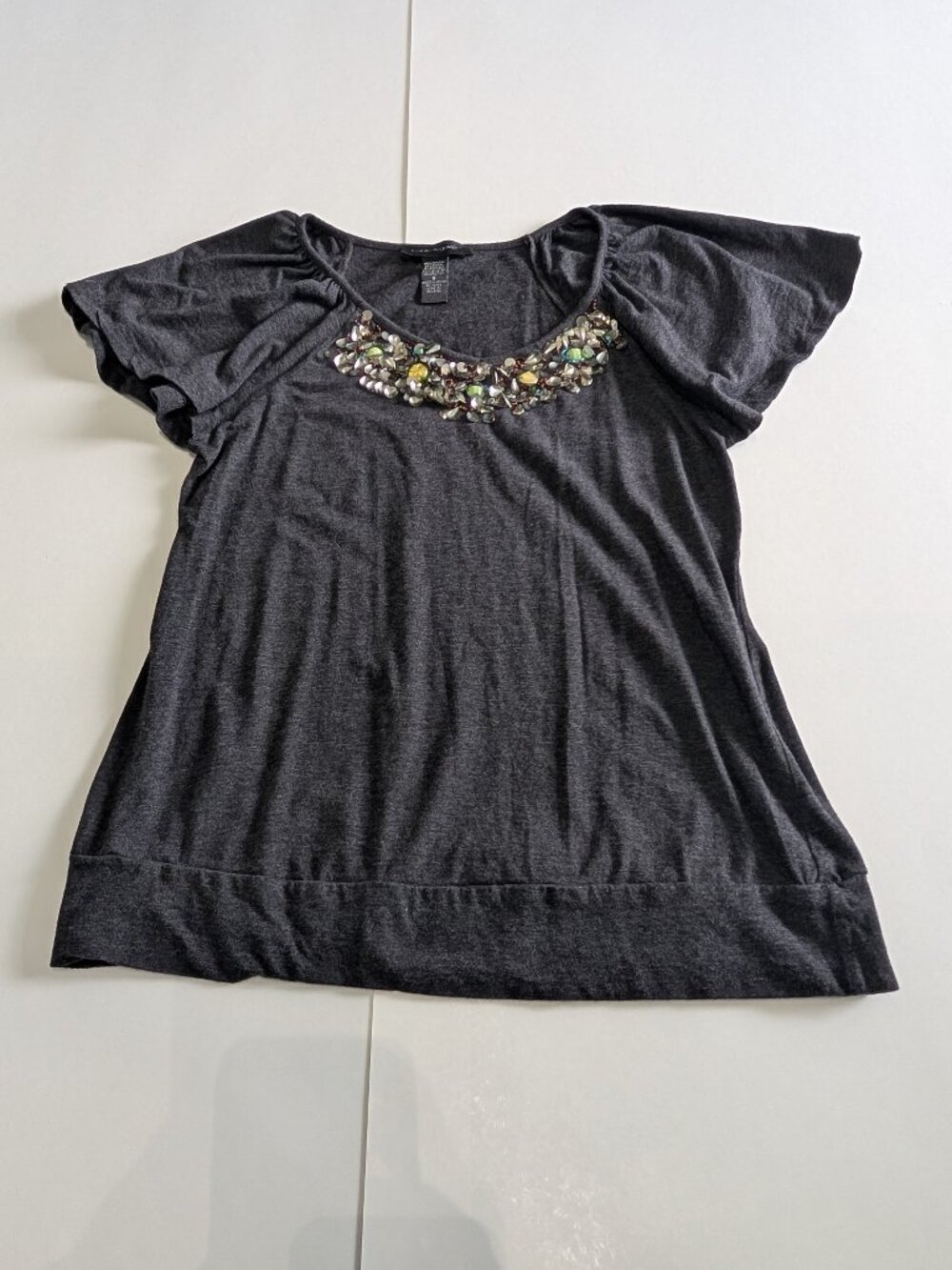 Boho Indie Sleaze Fairy Embellished Beaded Bib Flutter Sleeve Banded Bottom Grey